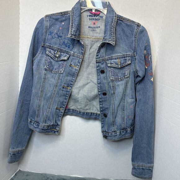 Hollister Y2K Denim Jacket Distressed Graffiti Women’s Small - Picture 1 of 11